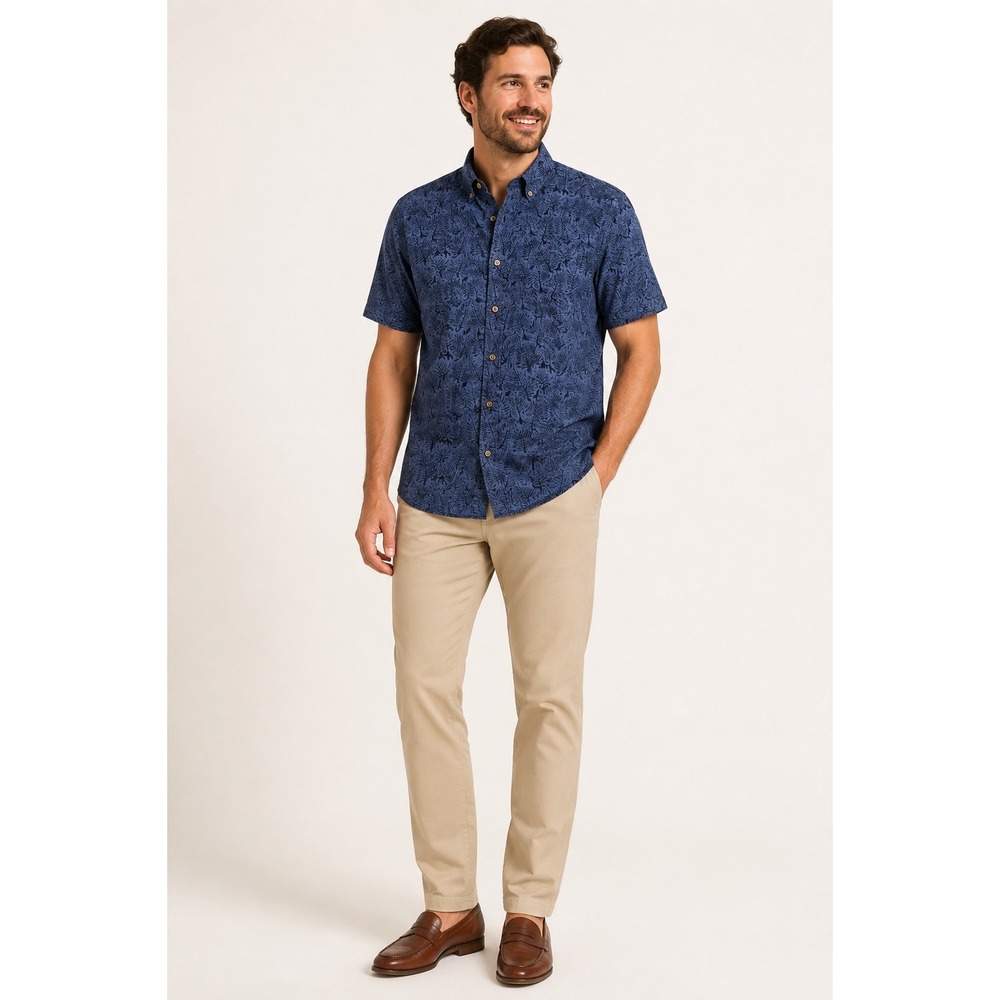 Tailor Vintage Pure Tec Cool Men's Large 100% Linen Blue Tropical Shirt